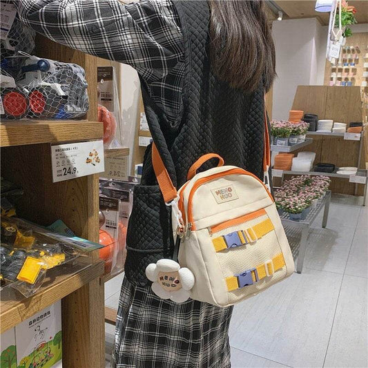 Literary Ribbon Lock Canvas Colorblock Satchel - Mubimart