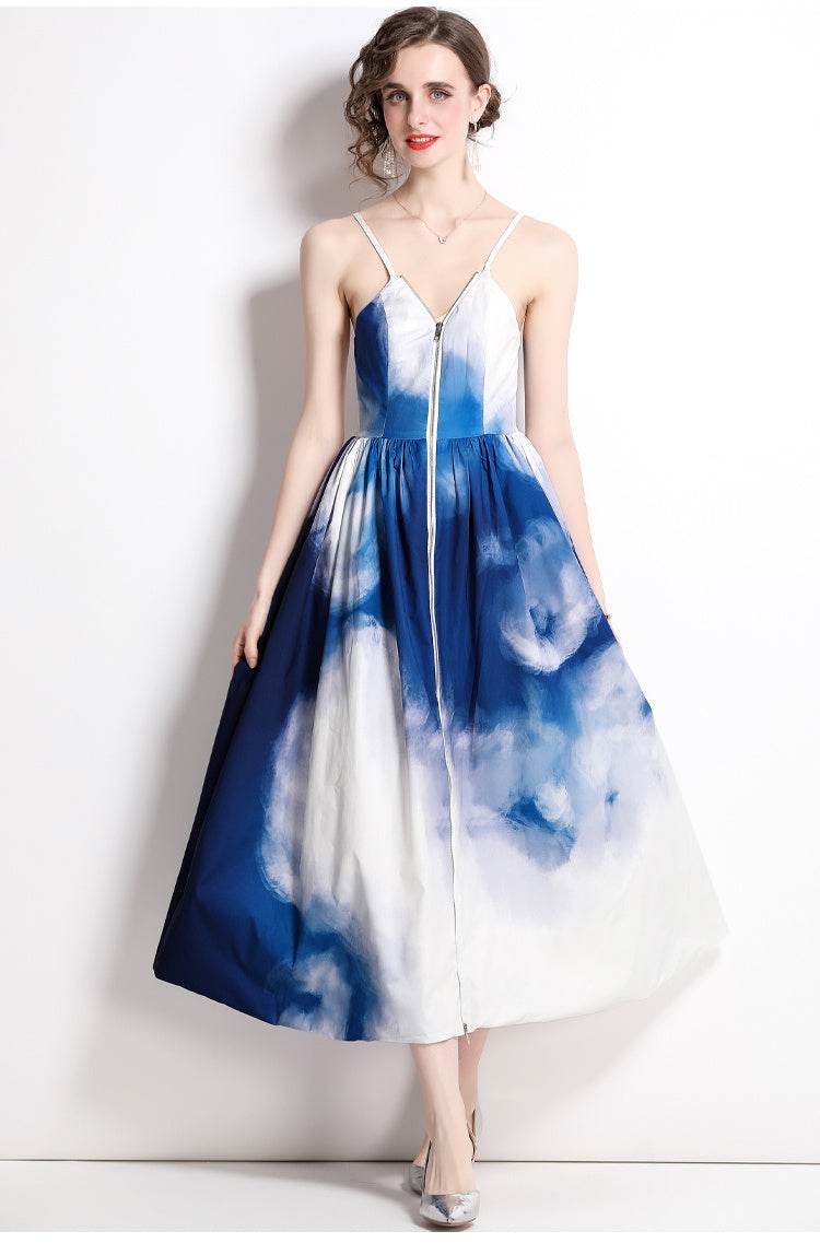 Tie Dye Printed Waist Dress Slip Dress - Mubimart