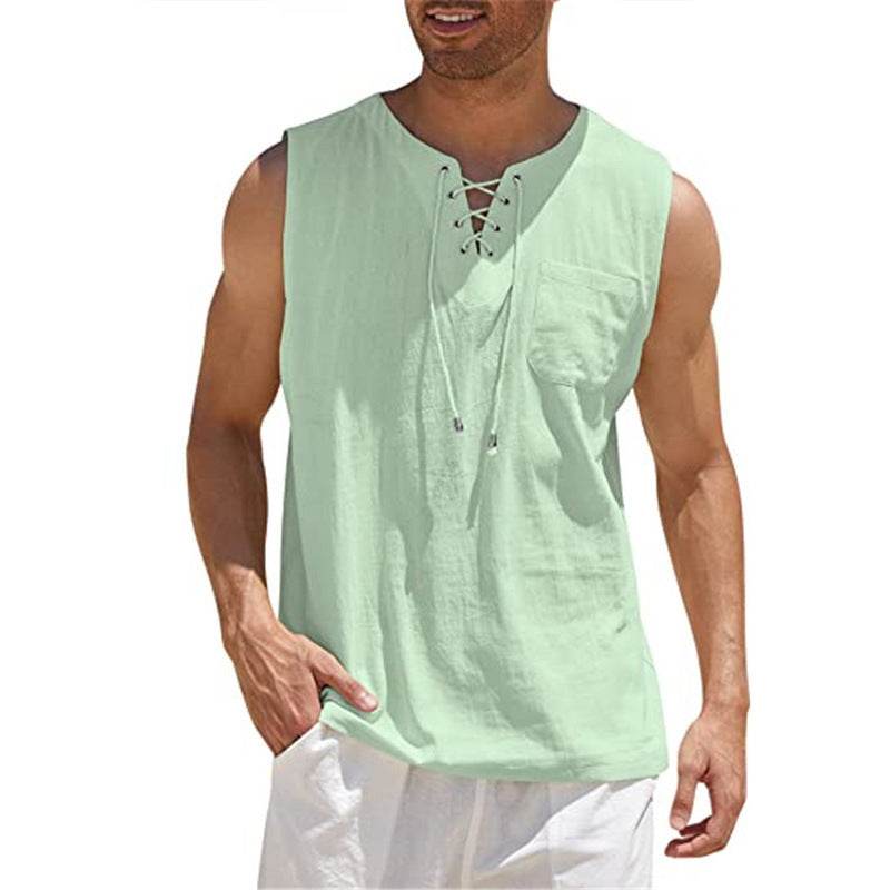 Summer Tank Vest Men Shirt Collar Tie Short Sleeve T-Shirt - Mubimart