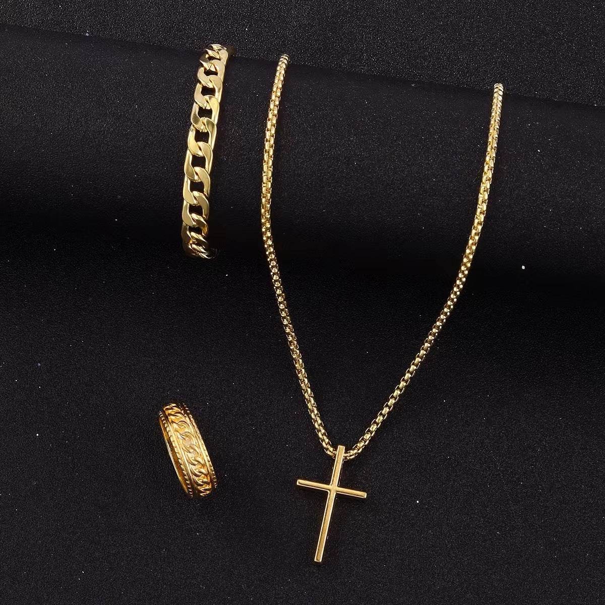 Men's Cross Necklace Ring Bracelet Suit - Mubimart