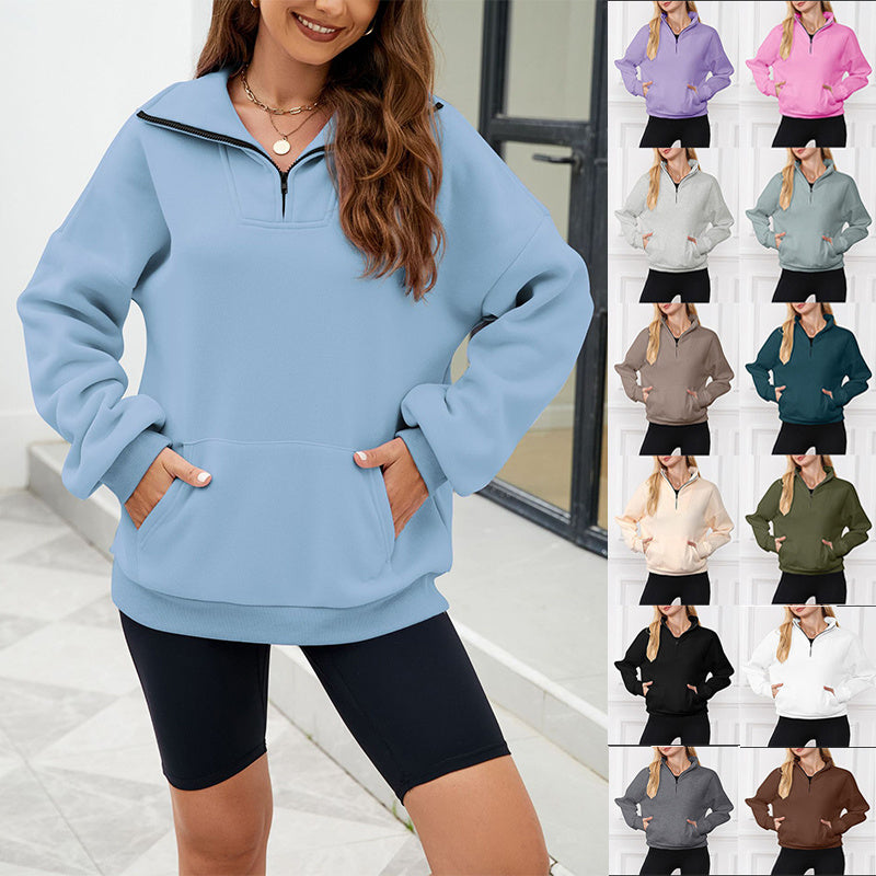 Y2K Solid Color Stand Collar With Pocket Zipper Sweatshirt Casual Sports Loose Top Women's Clothing - Mubimart - Sweatshirt 