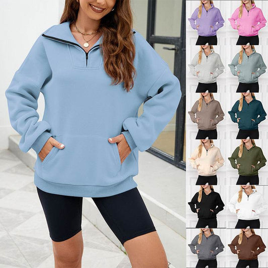 Y2K Solid Color Stand Collar With Pocket Zipper Sweatshirt Casual Sports Loose Top Women's Clothing - Mubimart