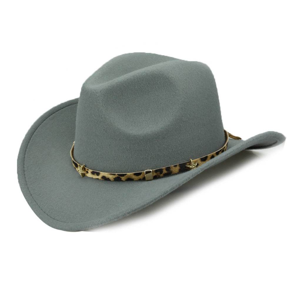 Leopard Print Five-pointed Star Belt Cowboy Hat Men's And Women's Autumn And Winter Woolen Fedora Hat Outdoor Knight Hat Western Cowboy Hat - Mubimart