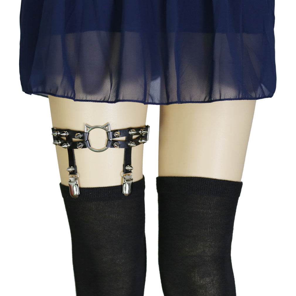 Leather Hand-studded Leg Loop Garter Belt - Mubimart