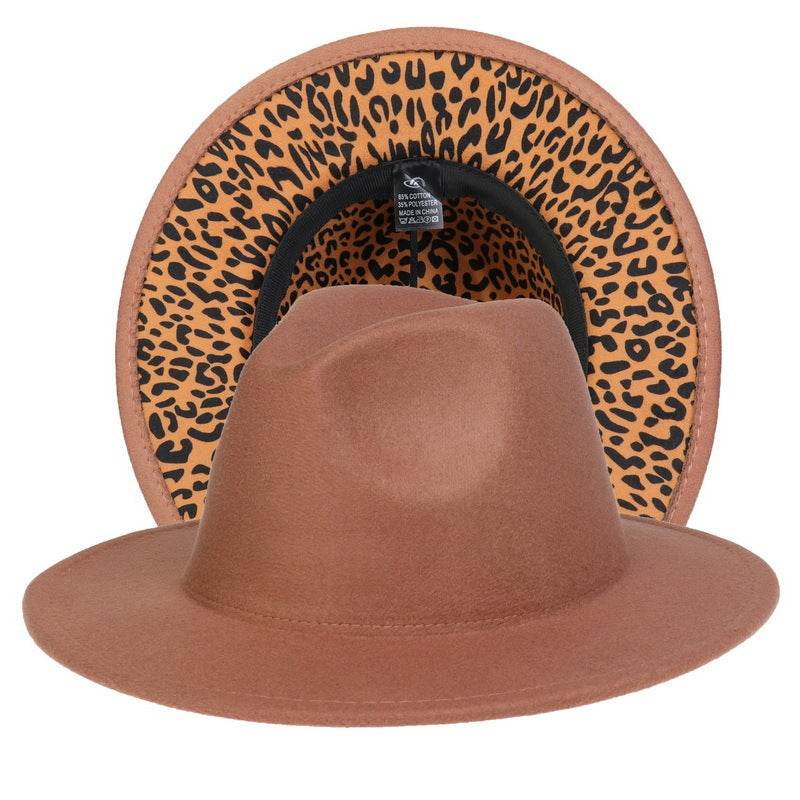 Double-sided Color-blocking Leopard Print Woolen Fedora Hat - Mubimart