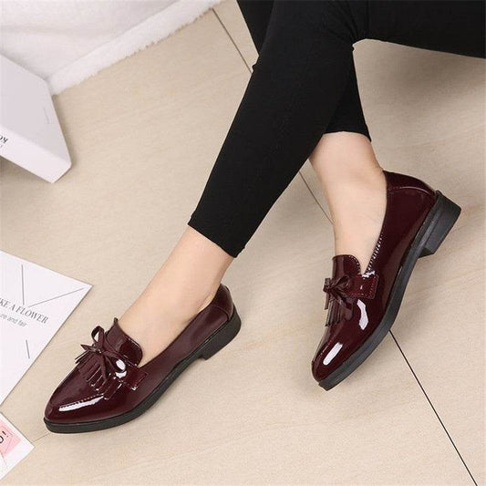 British Style Tassel Bow Flat Single Shoes Pointed Toe Flat Heel - Mubimart