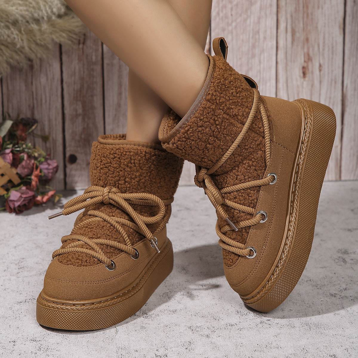 Fashion Lace-up Snow Boots Winter Flat Thick-soled Height-enhancing Cotton Shoes For Women Casual Warm Short Boot - Mubimart