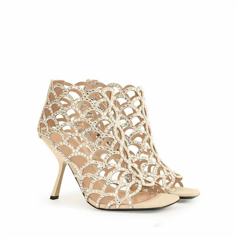 Women's Peep Toe Rhinestone Hollow High Heels - Mubimart
