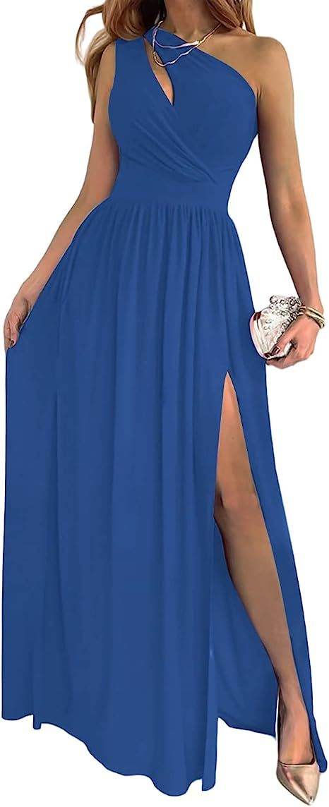 Women's One Shoulder High Split Cutout Sleeveless Elegant Sexy Cocktail Maxi Dress - Mubimart