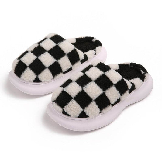 Checkerboard Plus Velvet Thick Cotton Slipper - Mubimart