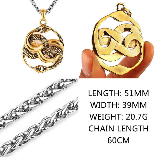 Mens Fashion Double Snake Staff Pendant Necklace - Mubimart