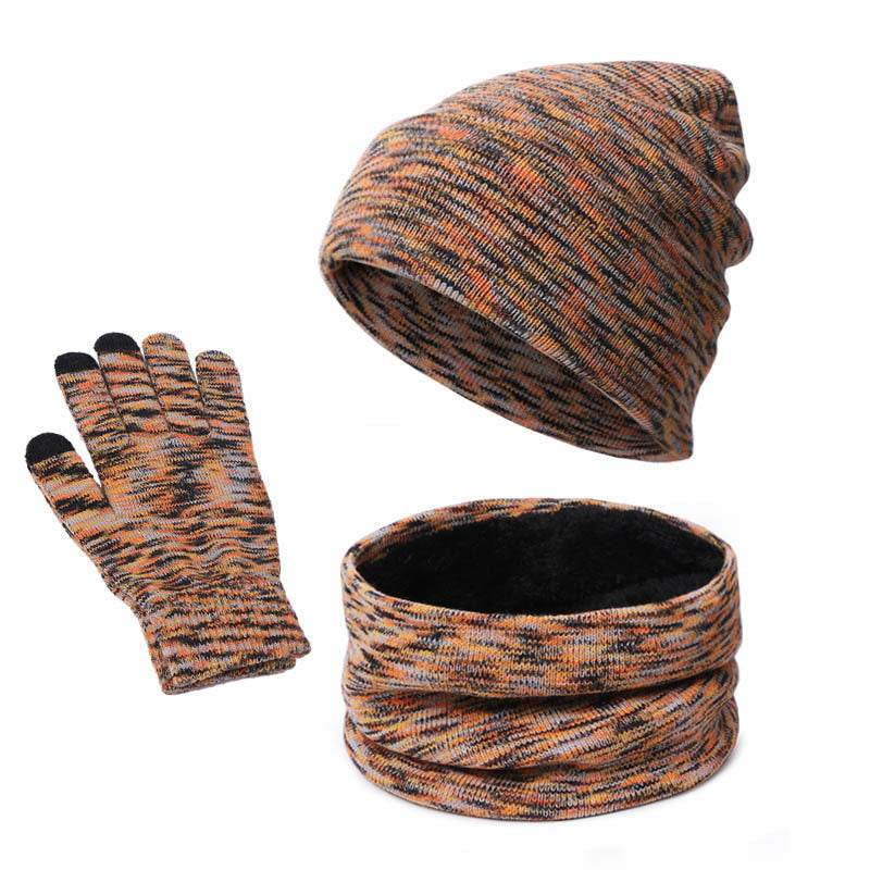 Knitted Three-piece Hat Scarf Touch Screen Gloves Plus Velvet Outdoor Solid Color - Mubimart