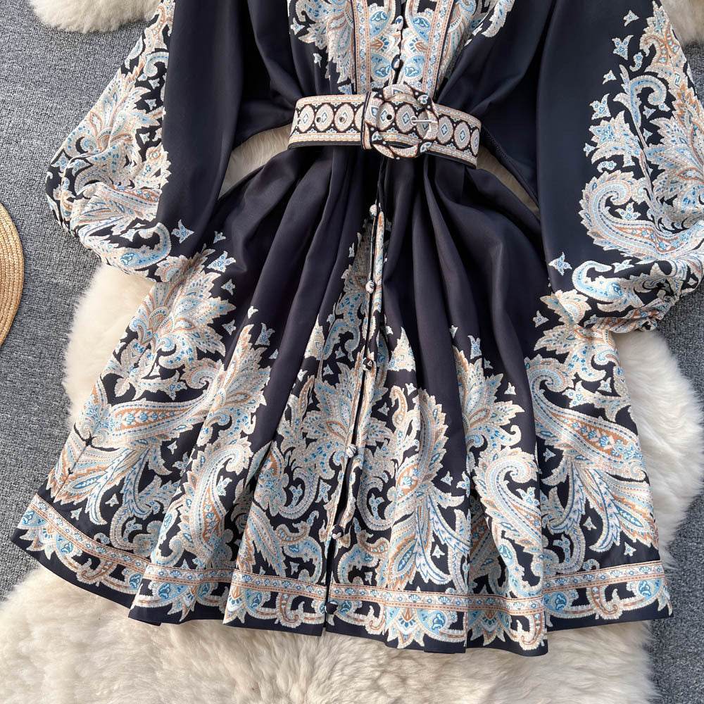 Printed Lantern Sleeve Midi Dress - Mubimart