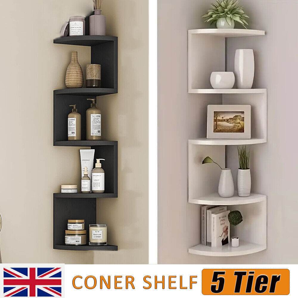 New 5 Tier Floating Wall Shelves Corner Shelf Storage Display Bookcase Unit - Mubimart
