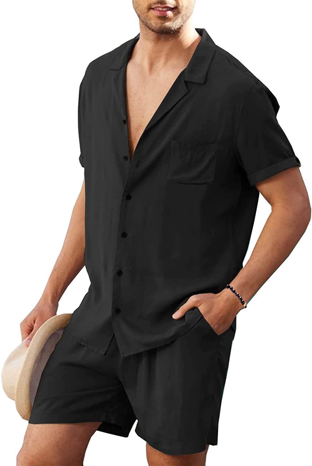Men's Linen Short Sleeve Shirt Set Linen - Mubimart