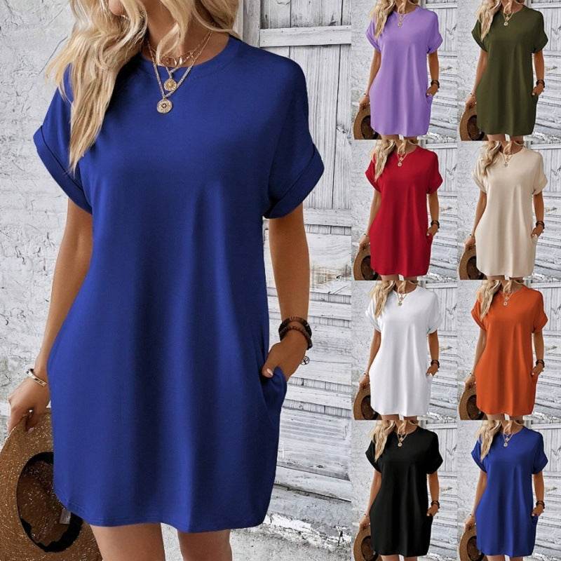 Loose Short Sleeve Dress With Pockets Summer Casual Solid Color Round Neck Straight Dresses Womens Clothing - Mubimart