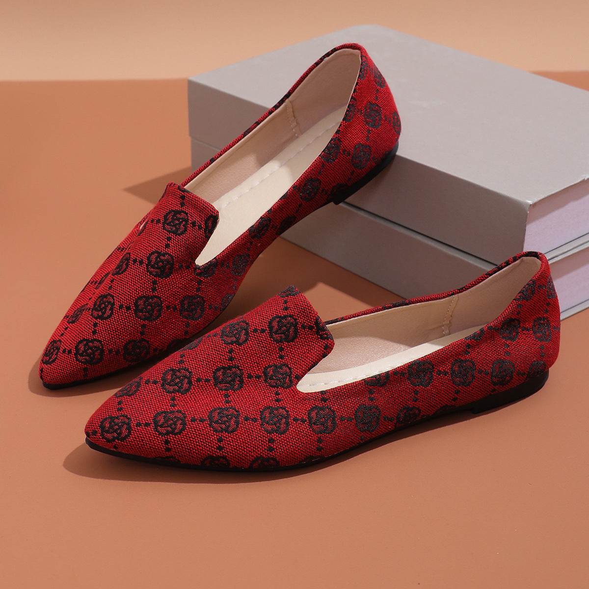 Rose Print Flats Shoes Fashion Casual Pointed Toe Canvas Loafers Lazy Shoes For Women - Mubimart