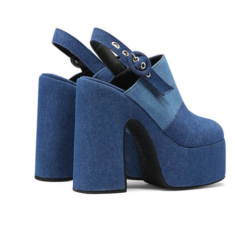 Color Block Denim High Heel Toe Box Slingback Sandals - Mubimart