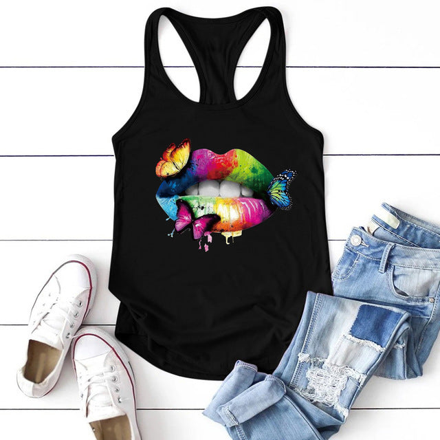 Multicolored Lips Butterflies Printed Tank Top Women - Mubimart - Tank Top 