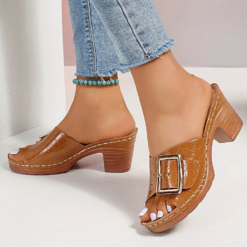Fashion Crocodile-textured Buckle Sandals Square Chunky Heel Peep-toe Slides Slippers Women Shoes - Mubimart