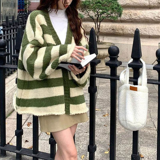Plus Size Thick Needle Striped Sweater Cardigan - Mubimart