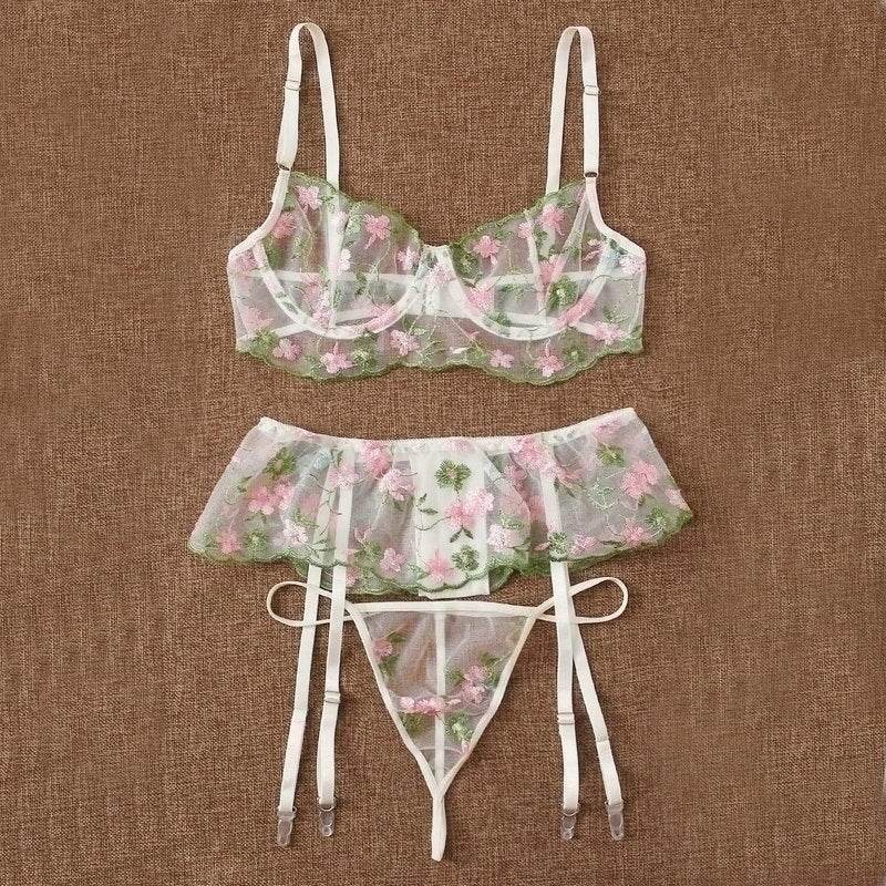Embroidered Mesh Bra Thong Garter Belt - Mubimart