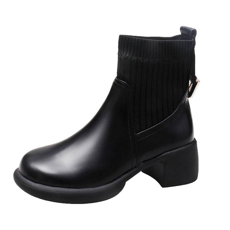 Women's Chunky Heel Square Toe Martin Boots - Mubimart