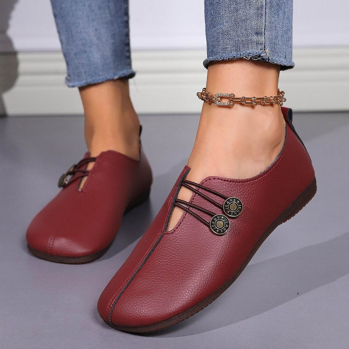 Casual Square Toe Flats Shoes Fashion Slip-on Button Loafers Women Shoes - Mubimart