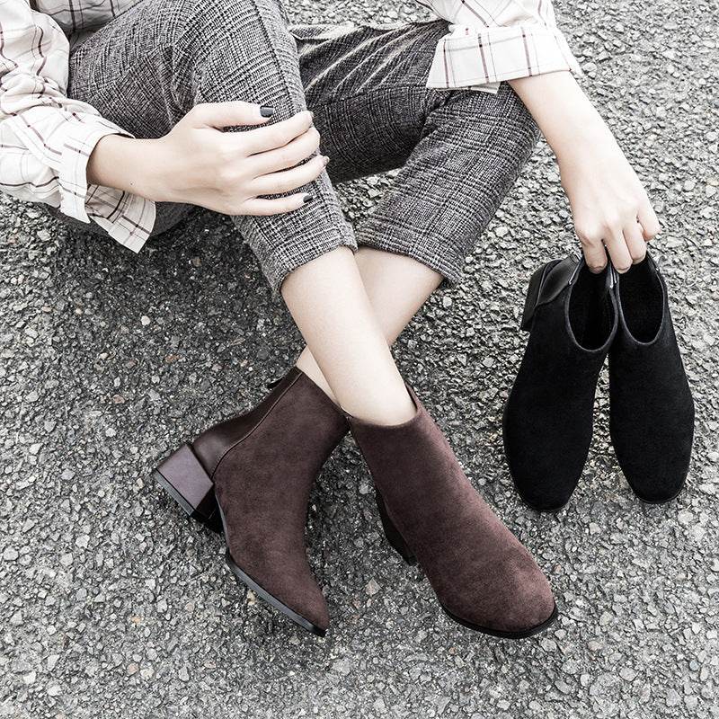 Retro Square Heel Pointed Toe Ankle Boots Fashion Versatile Chelsea Boot Women's Shoes - Mubimart