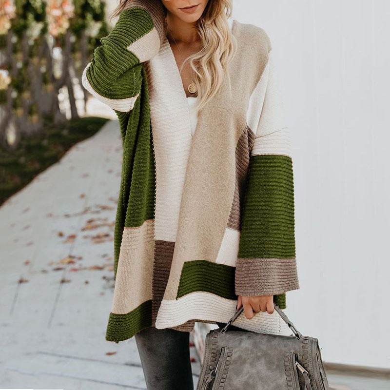 Women's Plus Size Oversized Geometric Colorblock Sweater Cardigan - Mubimart