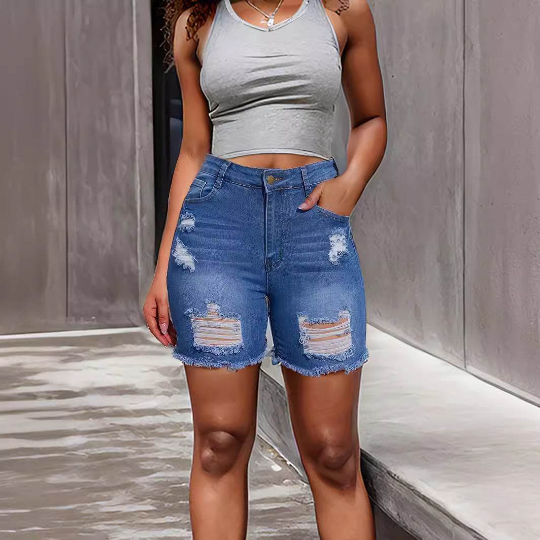 Denim With Hole Shorts For Women - Mubimart