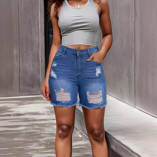 Denim With Hole Shorts For Women - Mubimart