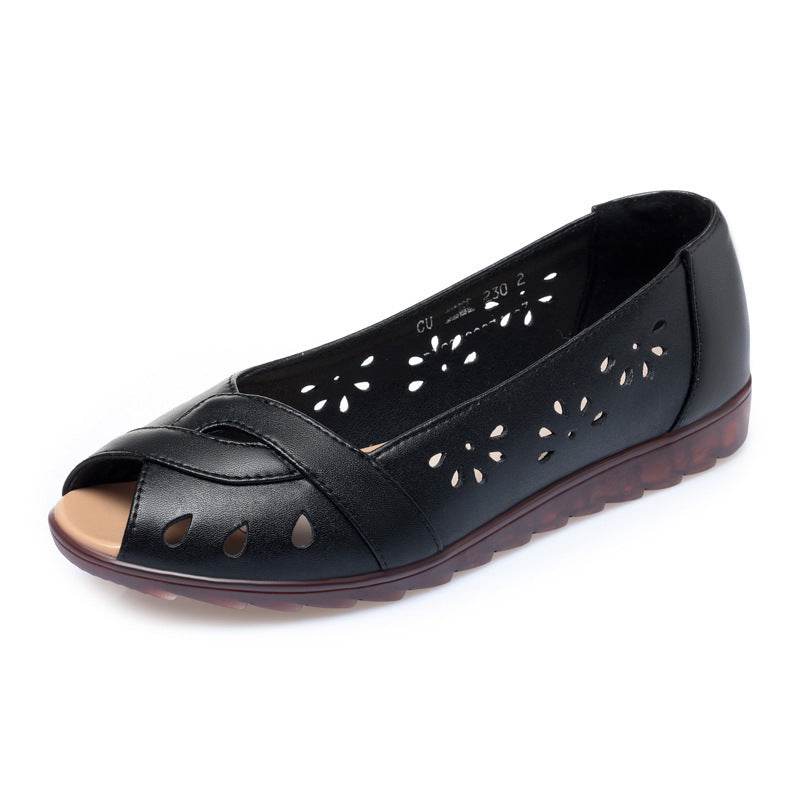Peep Toe Sandals Women's Flat Bottom Comfort Leather Soft Bottom - Mubimart