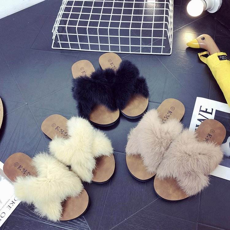 Spring New Fluffy Slippers Women's Summer Fashion Outerwear Flat Bottom Comfort - Mubimart