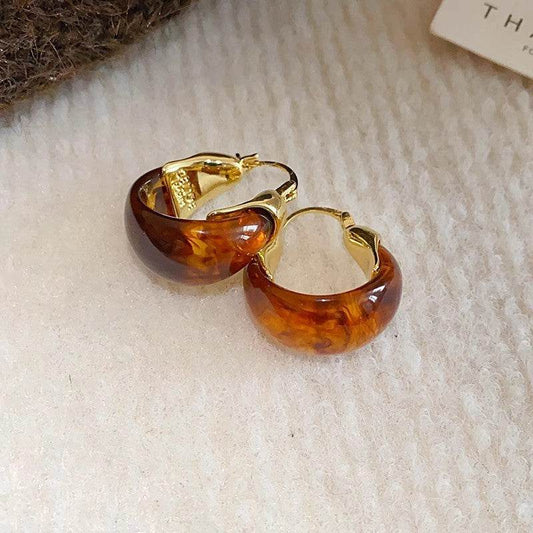 Vintage Brown Acrylic U-Shaped Hoop Earrings For Women Elegant Gold Color Geometric Hollow Ear Buckle Party Jewelry Accessories - Mubimart
