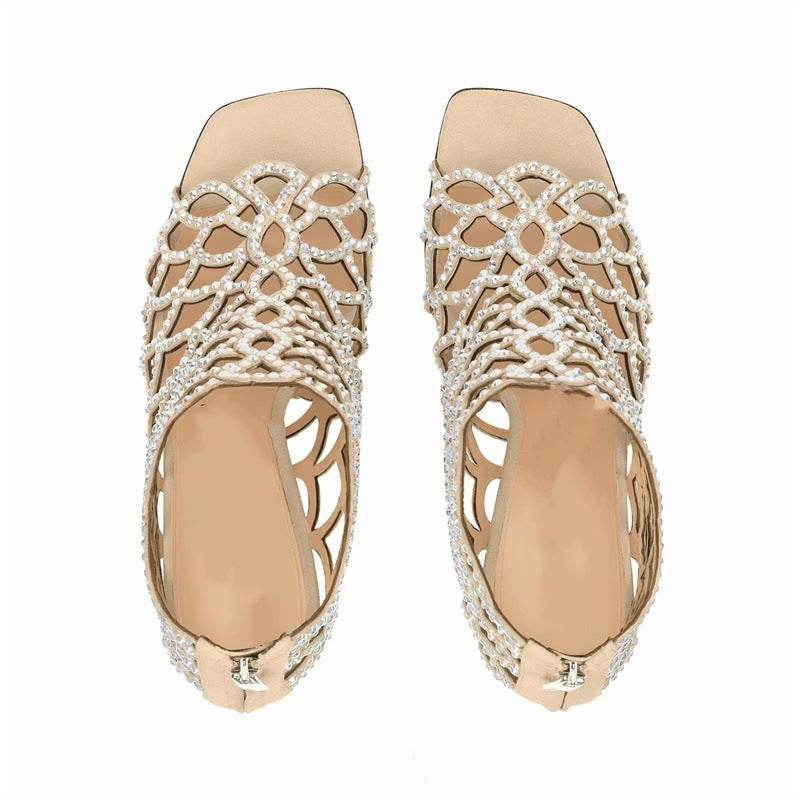 Women's Peep Toe Rhinestone Hollow High Heels - Mubimart