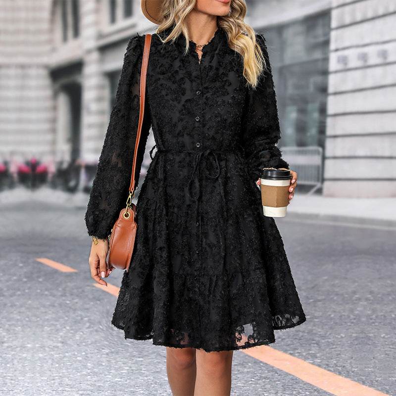 Lace Tied Long Sleeve Dress Fashion Medium Length Dresses Womens Clothing - Mubimart