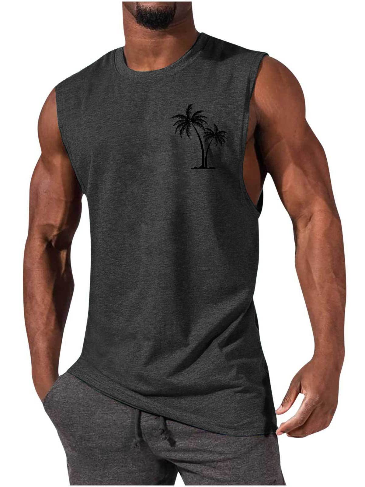 Coconut Tree Embroidery Vest Summer Beach Tank Tops Workout Muscle Men Sports Fitness T-shirt - Mubimart