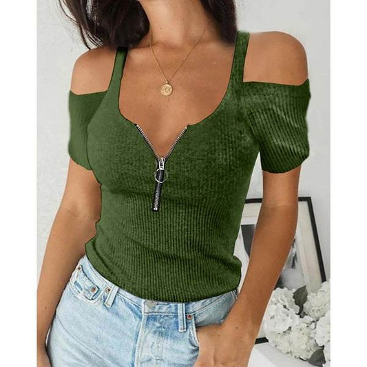 Plus Size Short Sleeve Zipper Short T-Shirt - Mubimart