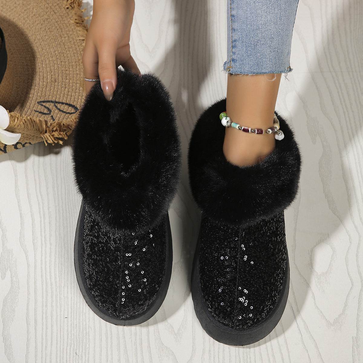 Fashion Sequined Thick-soled Plush Shoes Winter Indoor And Outdoor Casual Warm Slippers Women Garden House Shoes - Mubimart