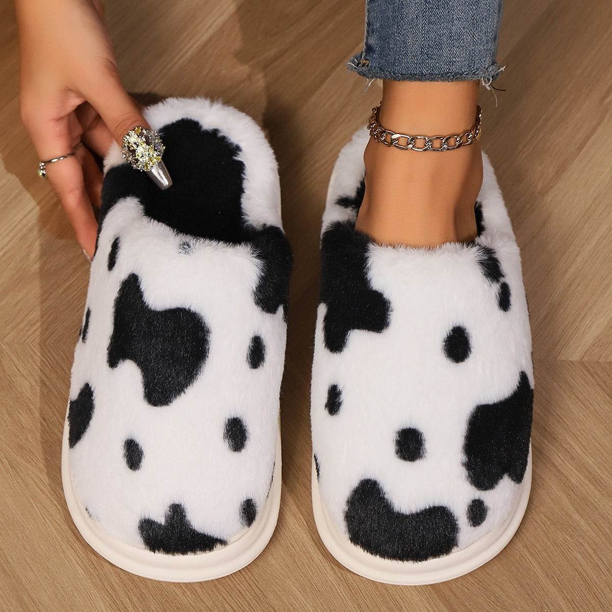 Cute Cow Spotted Plush Slippers Winter Warm Non-slip Bedroom Floor Fuzzy Slipper Couple Women House Shoes - Mubimart