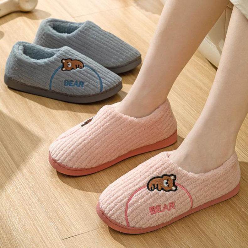 Women's Bear Fuzzy Slippers Casual Non Slip Household Walking Shoes For Home Winter - Mubimart