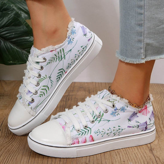 Casual Flat Canvas Shoes Flowers Lace-up Flowers Print Loafers Women Walking Shoes - Mubimart