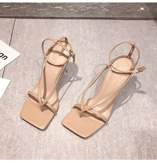 Nude Lace-up Square Toe Lace-up High Heels - Mubimart