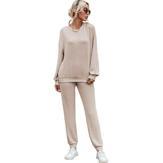 Solid Color Long-sleeved Trousers Loungewear Suit Casual Suit For Women - Mubimart