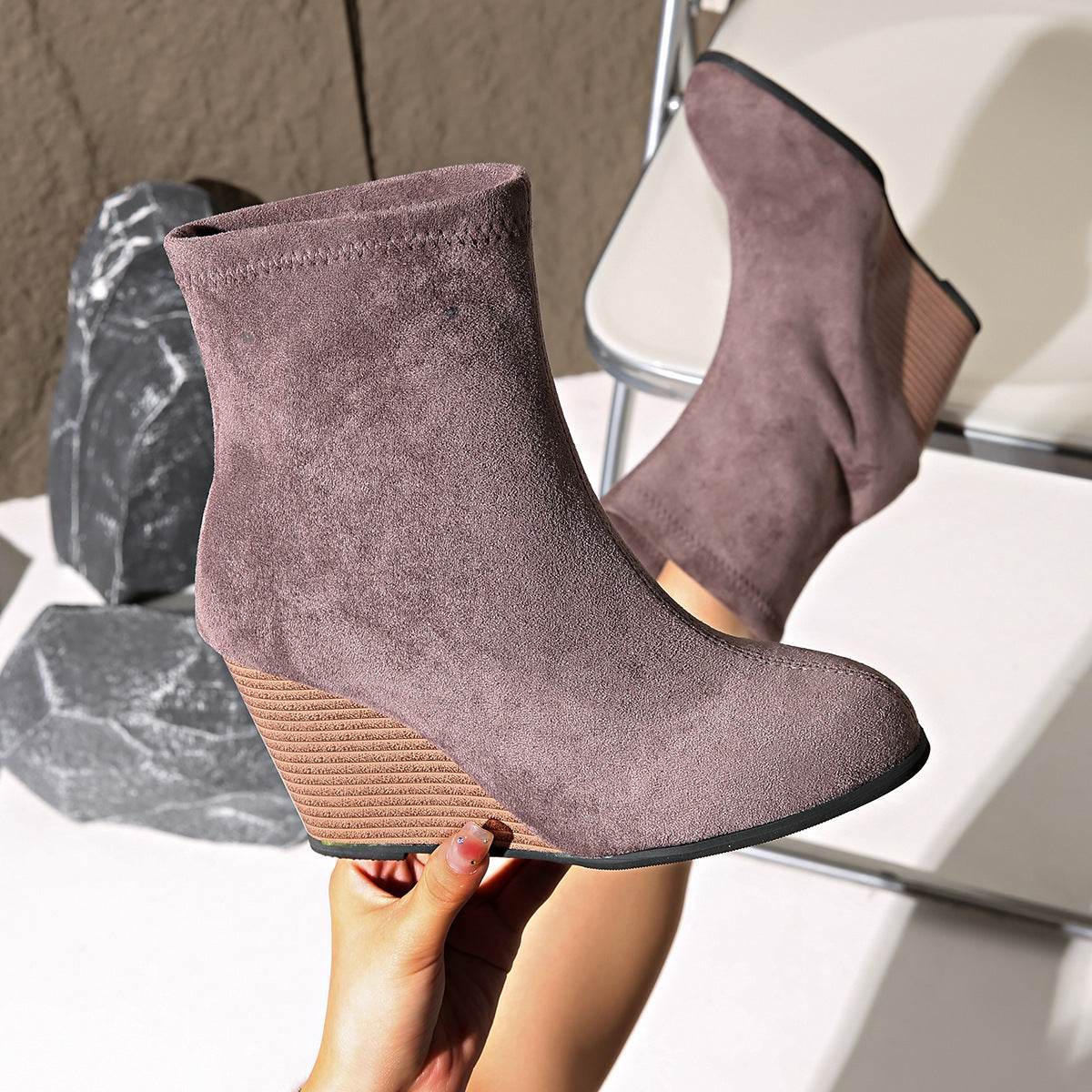 Fashion Thick-soled Wedges Boots Winter Suede Height-increasing Shoes Warm Solid Ankle Boot - Mubimart