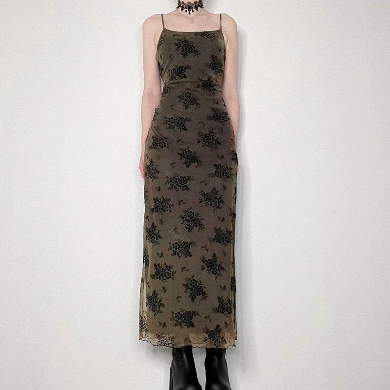 American Dark Vintage Print Slip Dress - Mubimart