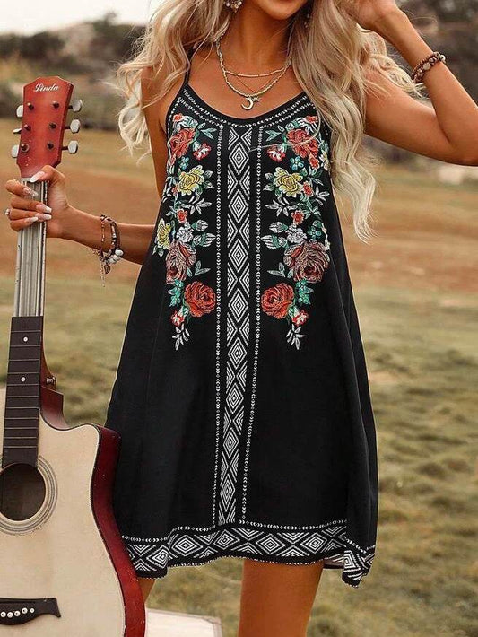Holiday Ethnic Printing Slip Dress - Mubimart