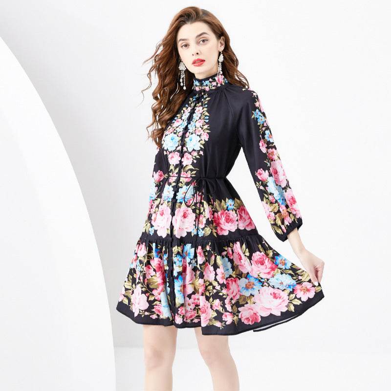 French Retro Printed Formal Dress - Mubimart