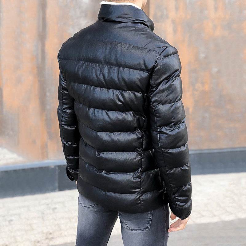 Black PU Leather Puffer Jacket Mid-length Slim-fit Men's Bread Jacket - Mubimart